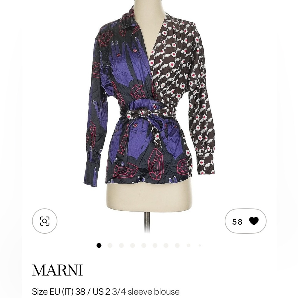 Marni Black and Blue Muti Print Patterned Satin Wrap Blouse